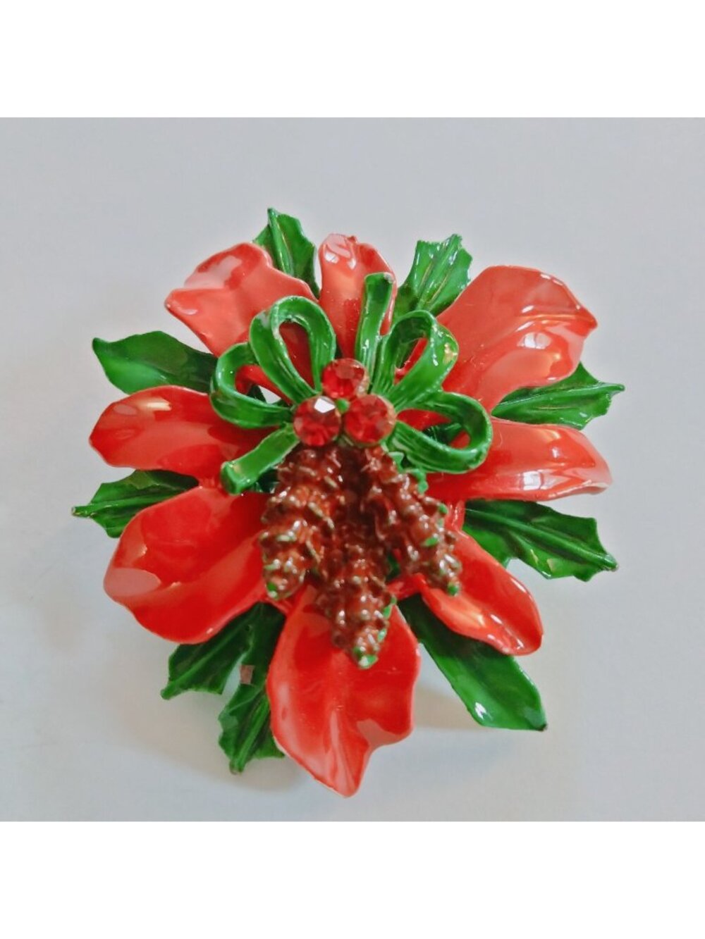 Poinsettia Enamel Brooch Vintage Christmas Pin Pinecones  Rhinestones 2 Inches